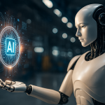 Robot Holding AI Letters Hologram