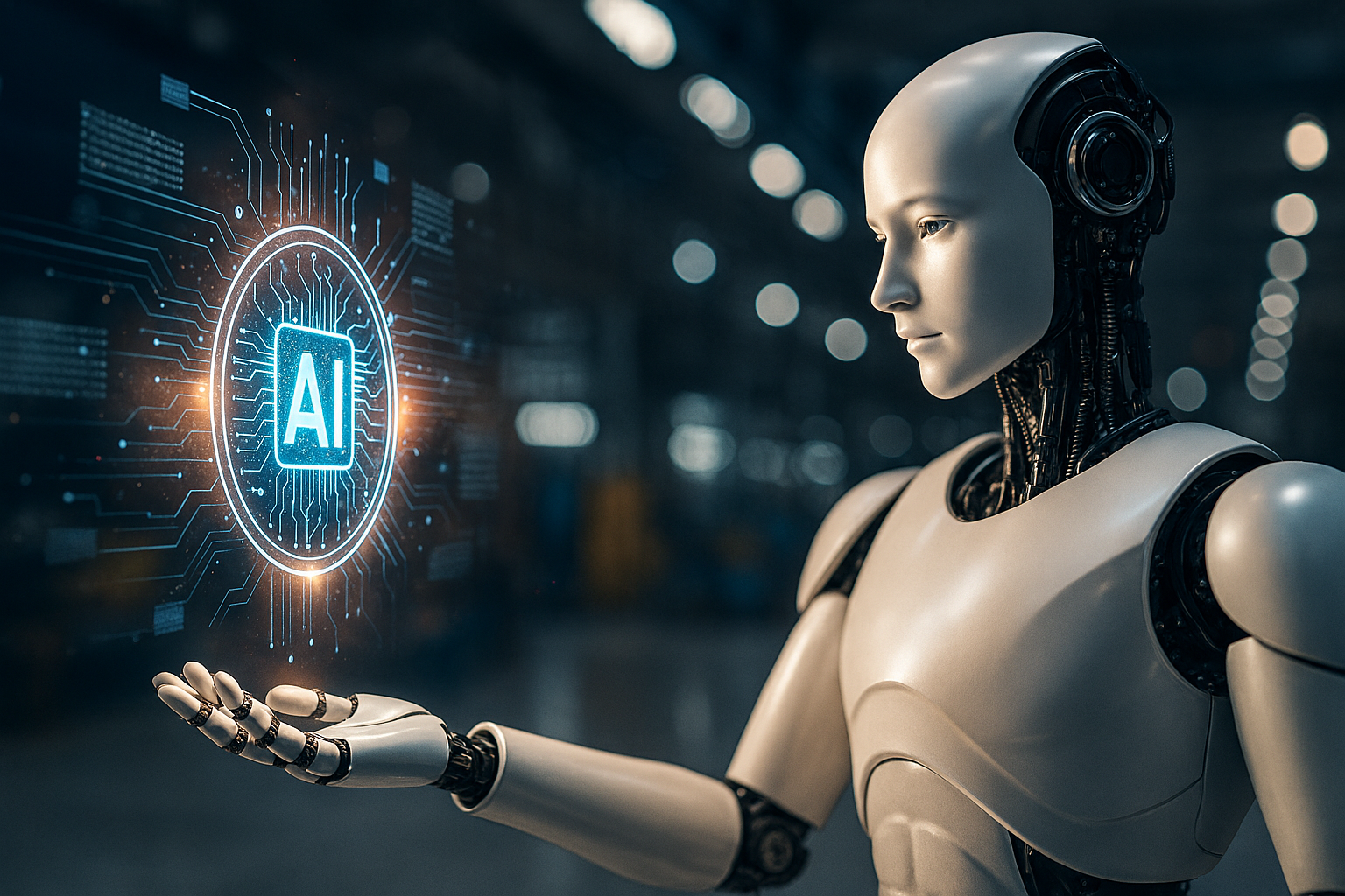 Robot Holding AI Letters Hologram